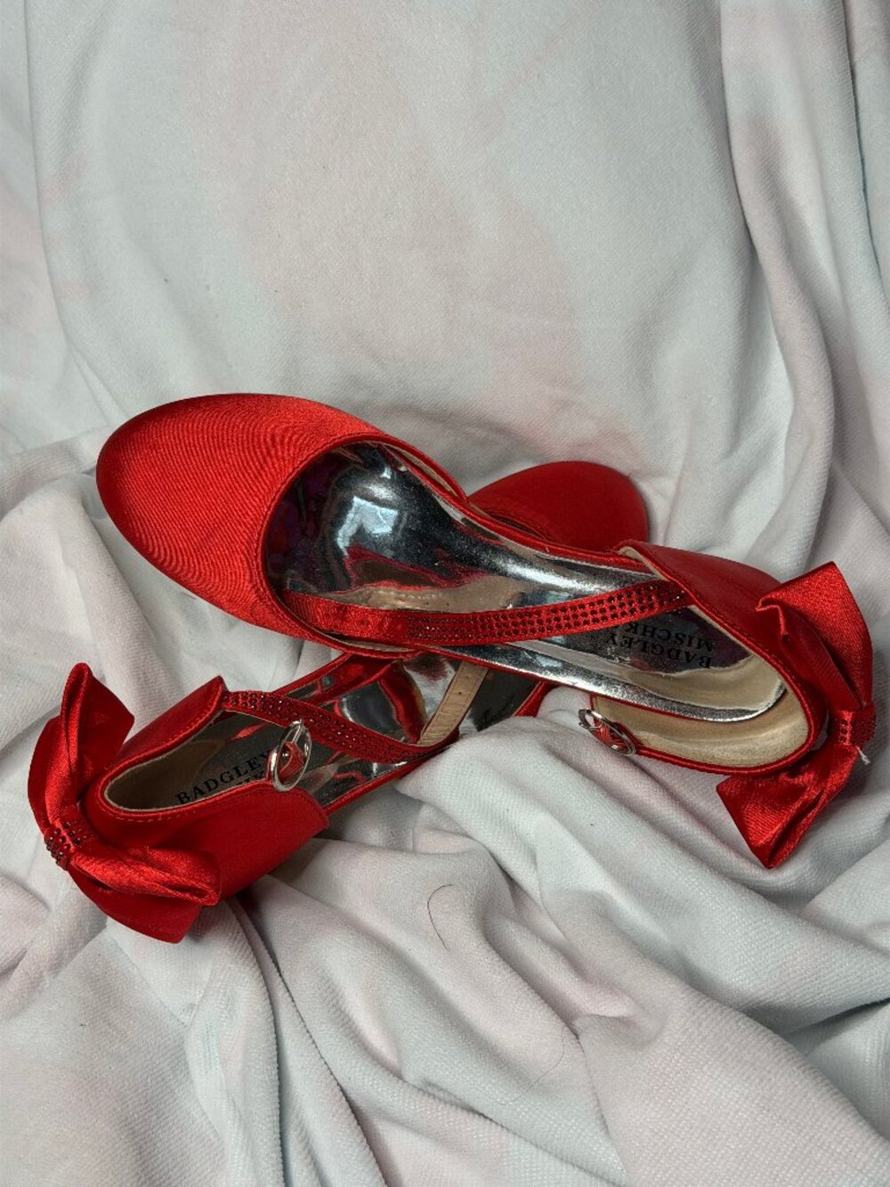 Badgley Mischka Red Satin Heels with Bow Detail Size 7